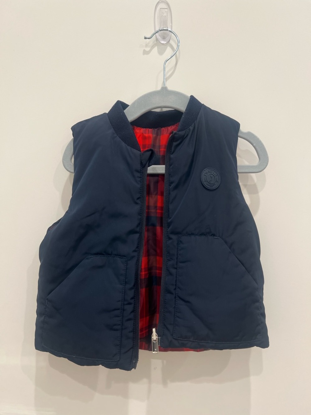 Jacadi Navy Blue Puffer Vest with Red Plaid Lining